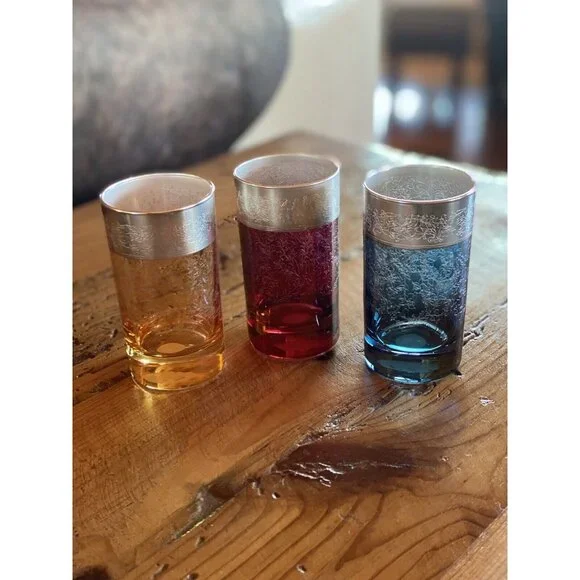 Vetri di Firenze Vtg Etched Colored Glass Etched Silver Top Rim Cordials Italian